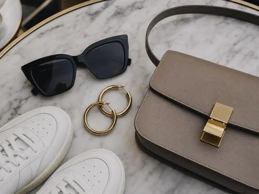Oversized sunglasses gold hoop earrings structured crossbody bag and white sneakers finishing Sophie Turner off duty fashion accessory layer