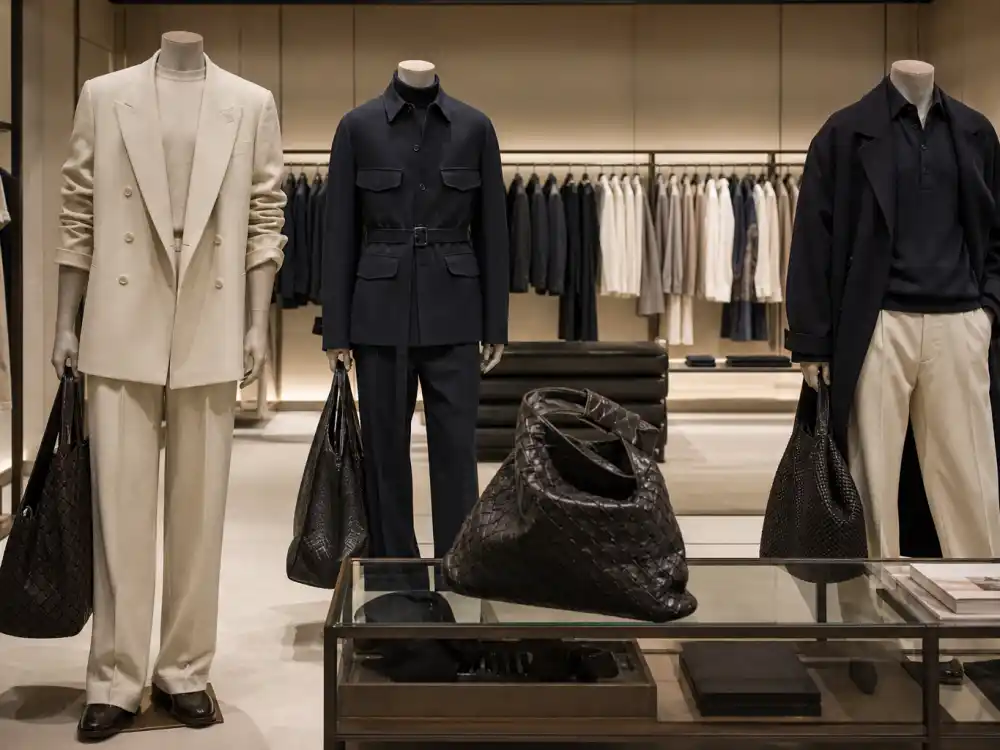 Luxury boutique mannequins in neutral tailored separates showing stealth wealth celebrity fashion shopping environment with woven leather accessories and no logos