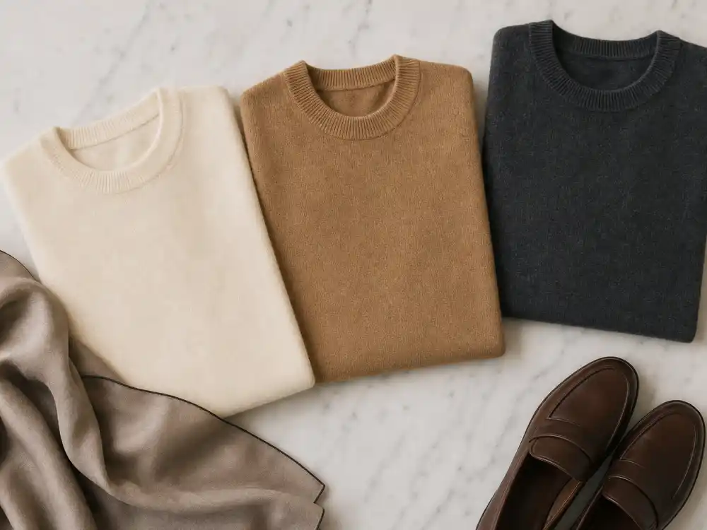Stealth wealth celebrity fashion cashmere and silk flat lay with neutral sweaters and leather loafers illustrating logo-free wardrobe foundations celebrities repeat off duty