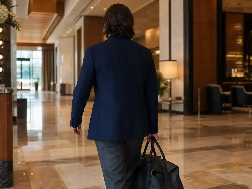 Anonymous figure from behind in stealth wealth celebrity fashion tailored navy blazer at upscale hotel lobby carrying unstructured leather handbag without visible branding
