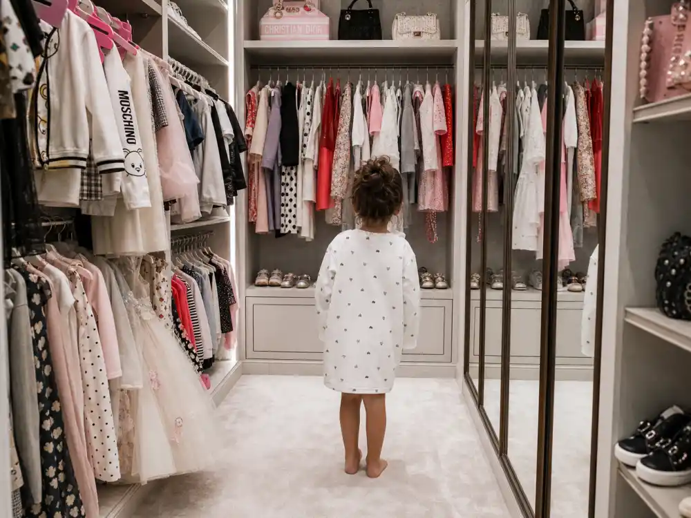 Child-size walk-in closet from behind for Stormi Webster age and personality — miniature designer wardrobe and fashion-forward kid style