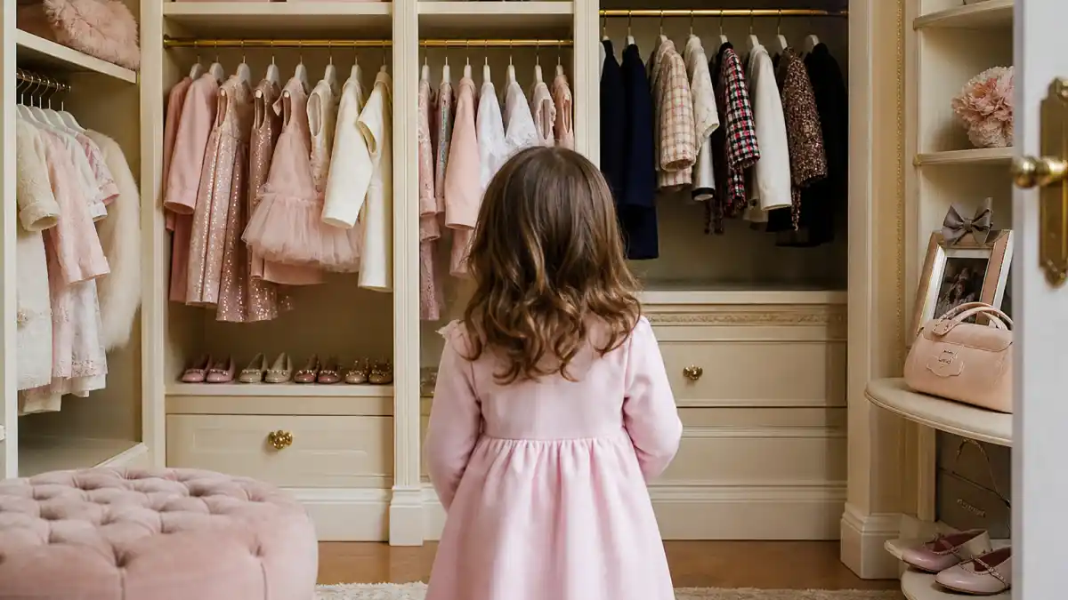 Stormi Webster age and personality profile — child-size designer fashion closet from behind with tiny dresses and shoes without faces