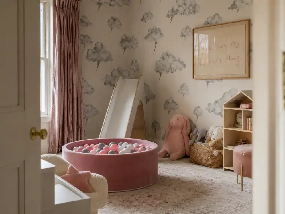 Playful storm-themed nursery for Stormi Webster age and personality — pink plush toys and cloud decals without faces