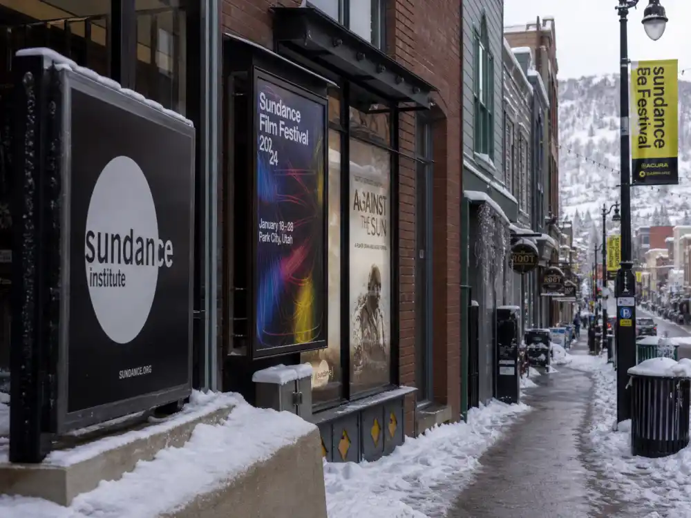 Sundance Institute signage on Park City Main Street during the January 2026 edition that crowned the Sundance Film Festival 2026 winners
