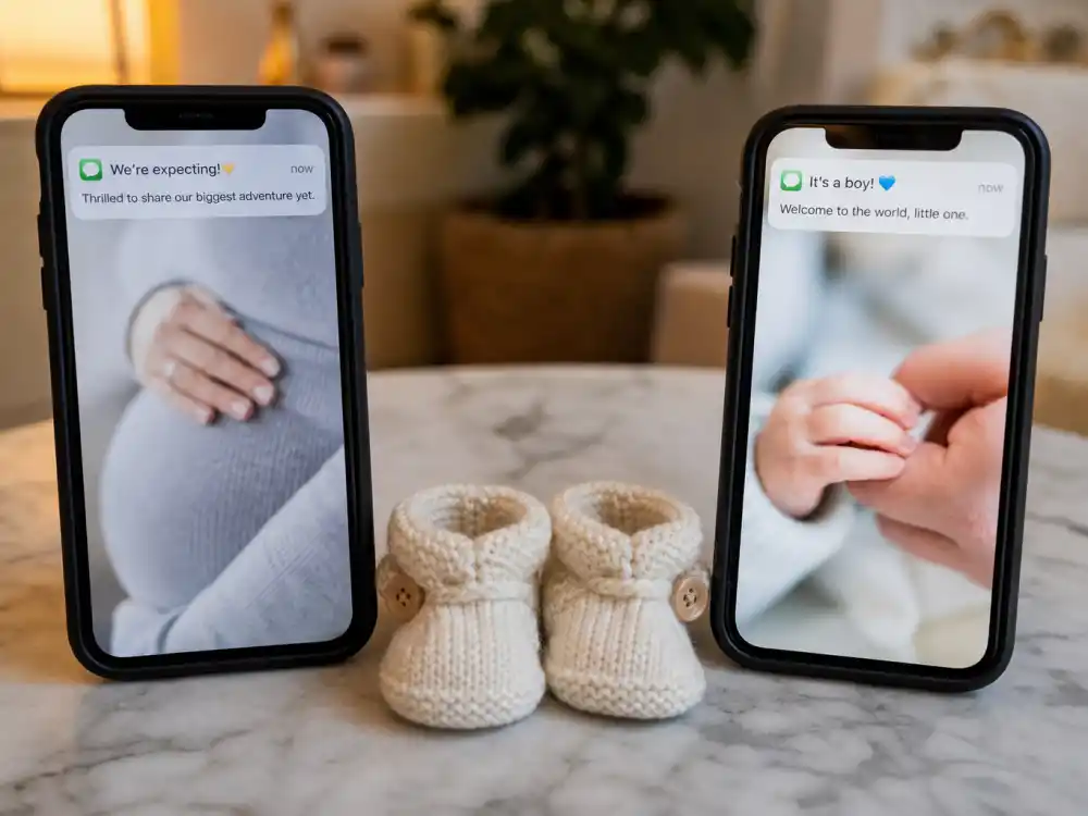 Two smartphones showing pregnancy bump versus newborn hand-grasp for surprise celebrity pregnancy announcements 2025 contrast with surprise birth posts