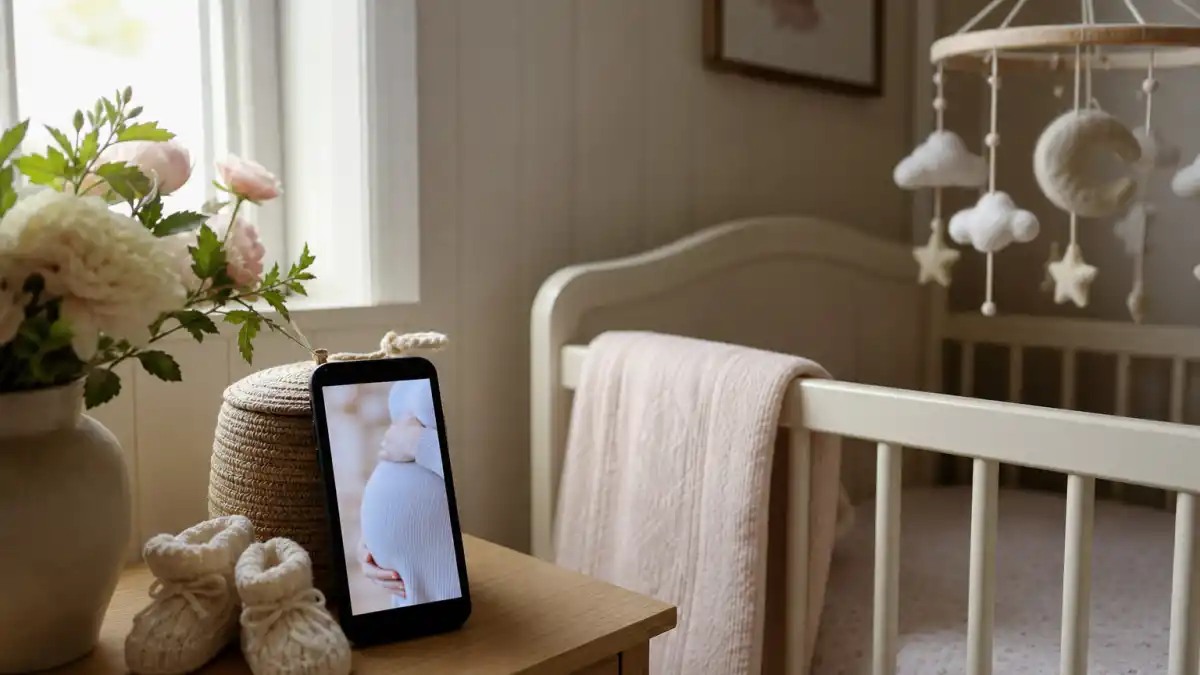 Surprise celebrity pregnancy announcements 2025 nursery hub — cream crib with smartphone showing blurred pregnancy bump reveal on nightstand beside tiny booties
