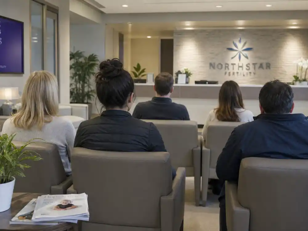 Fertility clinic waiting room from behind for surrogacy trends among celebrities 2026 — anonymous patients awaiting gestational carrier consultation