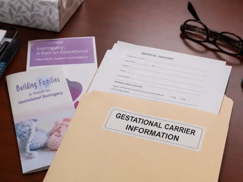 Gestational carrier information folder on desk for surrogacy trends among celebrities 2026 — clinic pamphlets and appointment notes without identifiable faces
