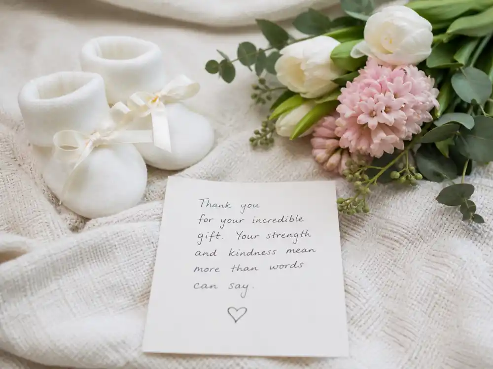 Newborn booties and thank-you card for surrogacy trends among celebrities 2026 carrier gratitude editorial without identifiable faces