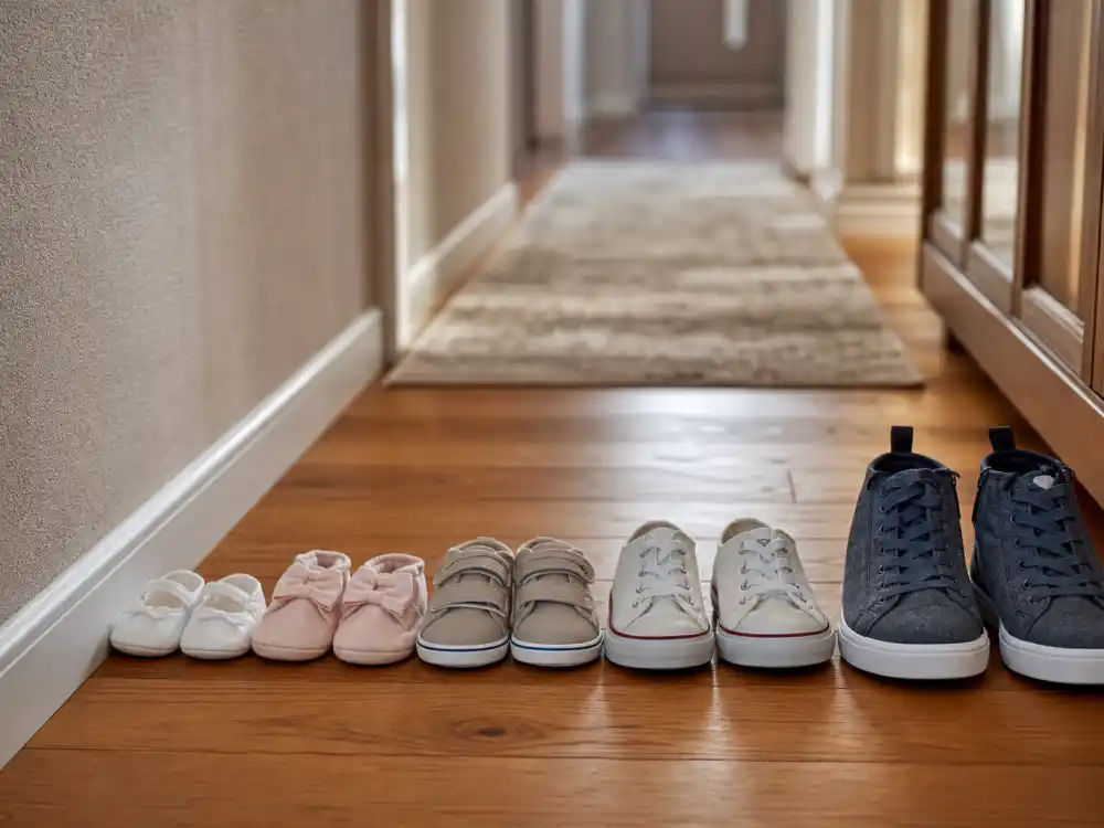 Multiple children shoes in hallway for surrogacy trends among celebrities 2026 multi-child family editorial without identifiable faces
