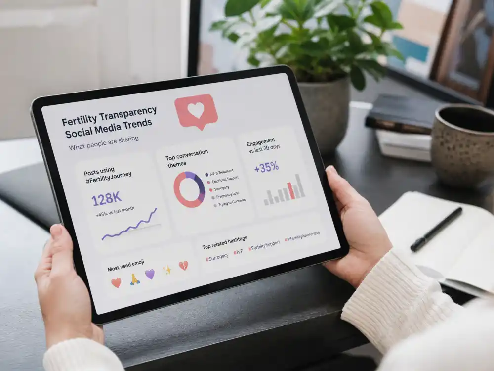 Tablet showing fertility transparency trends for surrogacy trends among celebrities 2026 — social awareness graphics without identifiable faces