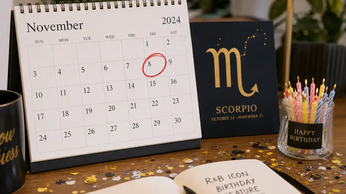 SZA age and birthday 2026 — desk calendar open to November 8 with Scorpio zodiac decorations marking her verified birth date