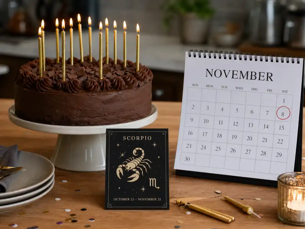 November 8 birthday cake and calendar marking SZA age and birthday 2026 each year when fans celebrate her Scorpio birth date
