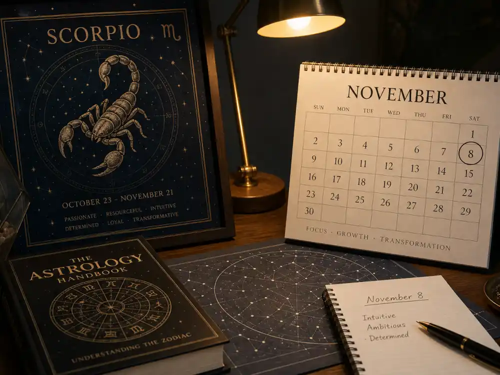 Scorpio zodiac chart beside November calendar for SZA age and birthday 2026 — November 8 birth date places her under Scorpio in Western astrology