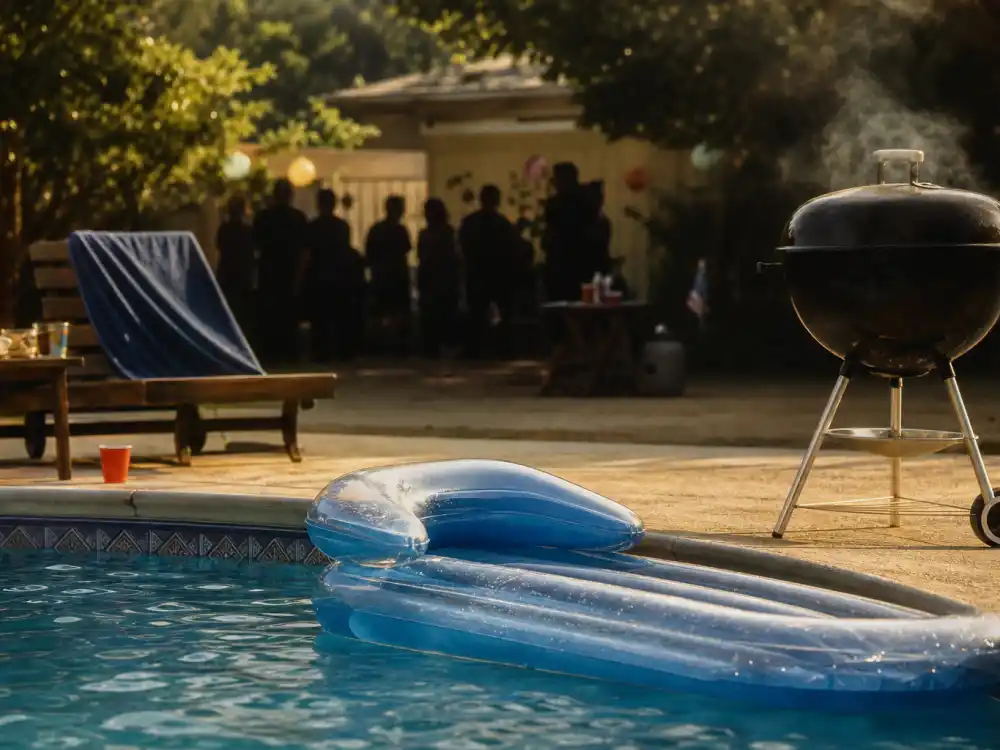 Backyard pool party setup evoking the Tara Reid American Pie breakout era in the late 1990s