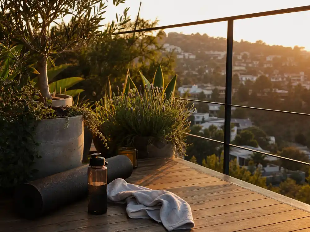 Sunlit Los Angeles balcony with plants for where Tara Reid is now in 2026 — a quieter lifestyle