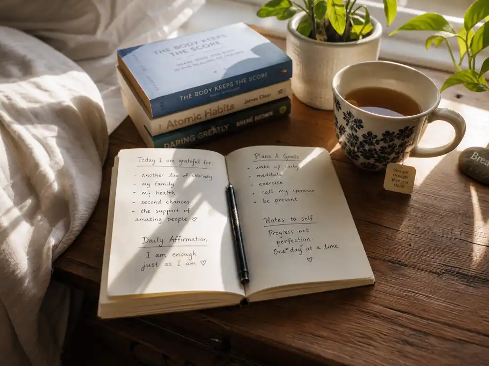 Wellness journal and tea on a bedside table for Tatum O'Neal addiction recovery journey and sobriety