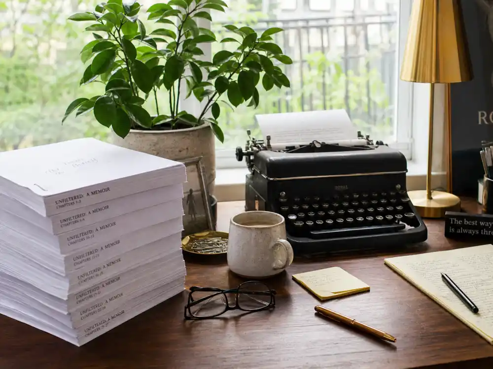 Memoir manuscripts on a home desk for Tatum O'Neal author career and A Paper Life legacy now
