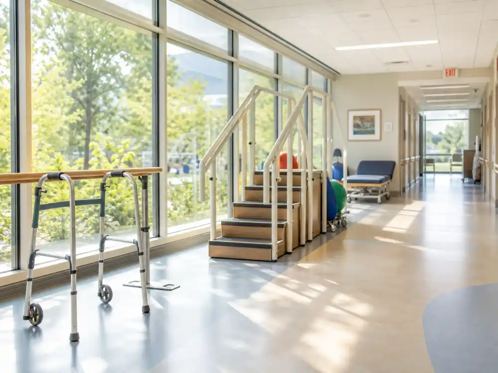 Sunlit hospital rehab corridor for Tatum O'Neal stroke recovery after 2020 health crisis