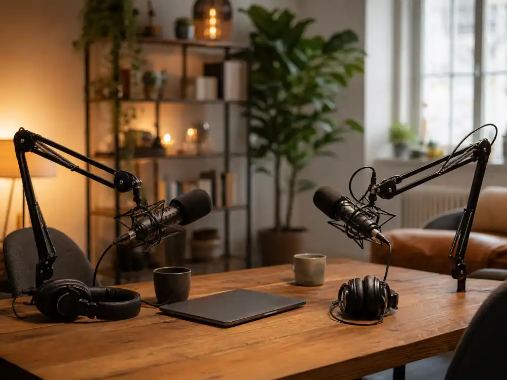 Two podcast microphones in a cozy home studio for Taylor Lautner and wife Tay on The Squeeze