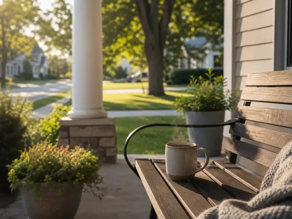 A quiet suburban porch at golden hour where Taylor Lautner stepped back from Hollywood fame