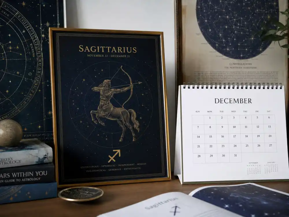 Sagittarius zodiac chart beside December calendar for Taylor Swift age and birthday 2026 — December 13 birth date places her under Sagittarius in Western astrology