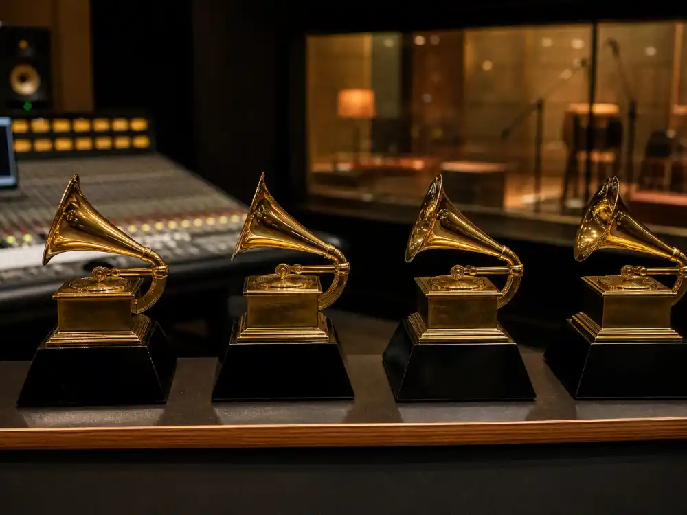 Taylor Swift Grammy wins include a record four Album of the Year trophies displayed on a studio shelf beside mixing-console lights