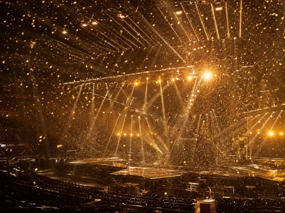 Arena stage with sparkling lights captures the scale of Taylor Swift Grammy wins acceptance moments under live television spotlights