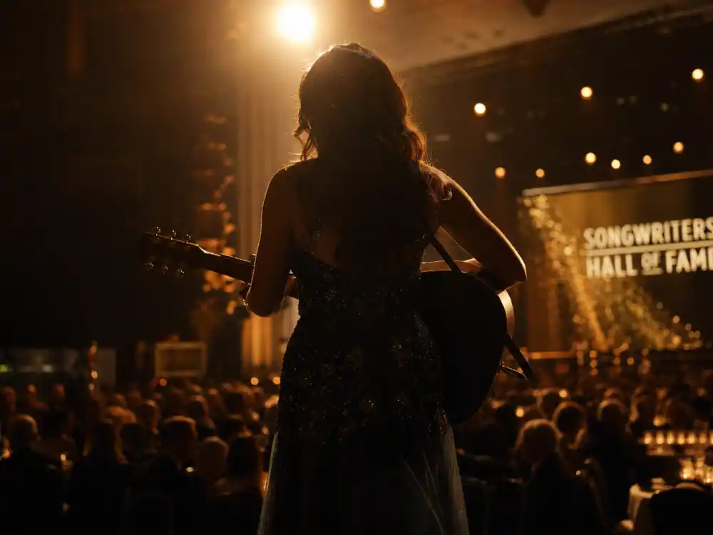Anonymous female performer silhouette with guitar from behind illustrates the songwriter arc behind Taylor Swift Grammy wins across country and pop eras