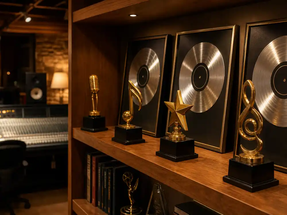 Golden trophies on a recording-studio shelf reflect how Taylor Swift Grammy wins reward albums built in Nashville and New York control rooms alike