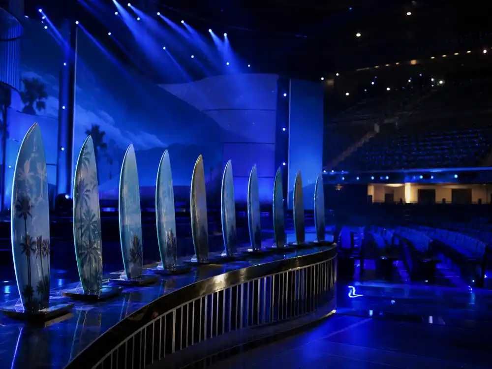 Empty Fox broadcast awards stage with surfboard trophies for Teen Choice Awards what happened to them peak summer telecast era