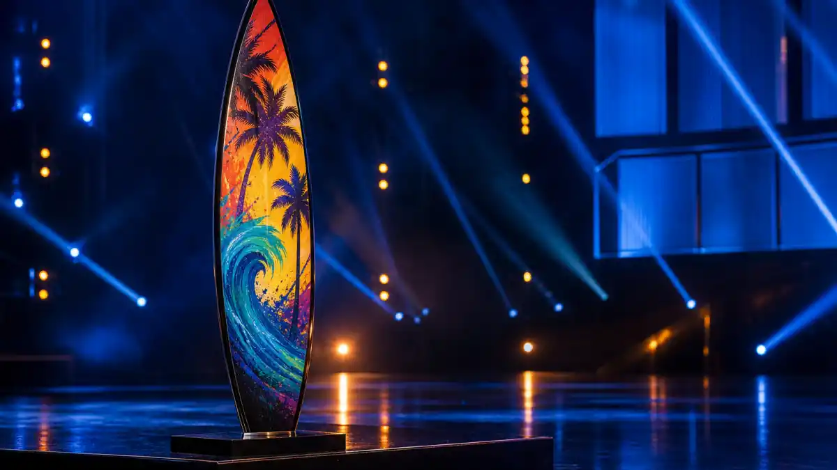 Teen Choice Awards what happened to them — colorful surfboard trophy standing alone on empty Fox-era awards stage with blue spotlights