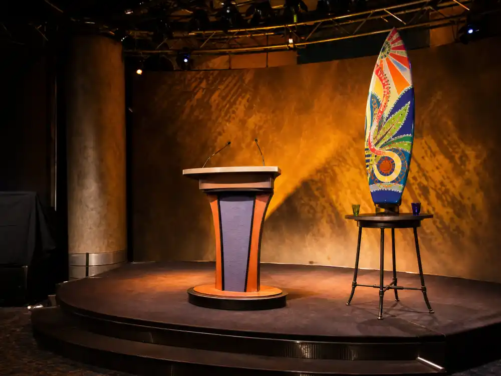 Vintage 1990s television studio awards set with surfboard trophy prop for Teen Choice Awards what happened to them origins on Fox