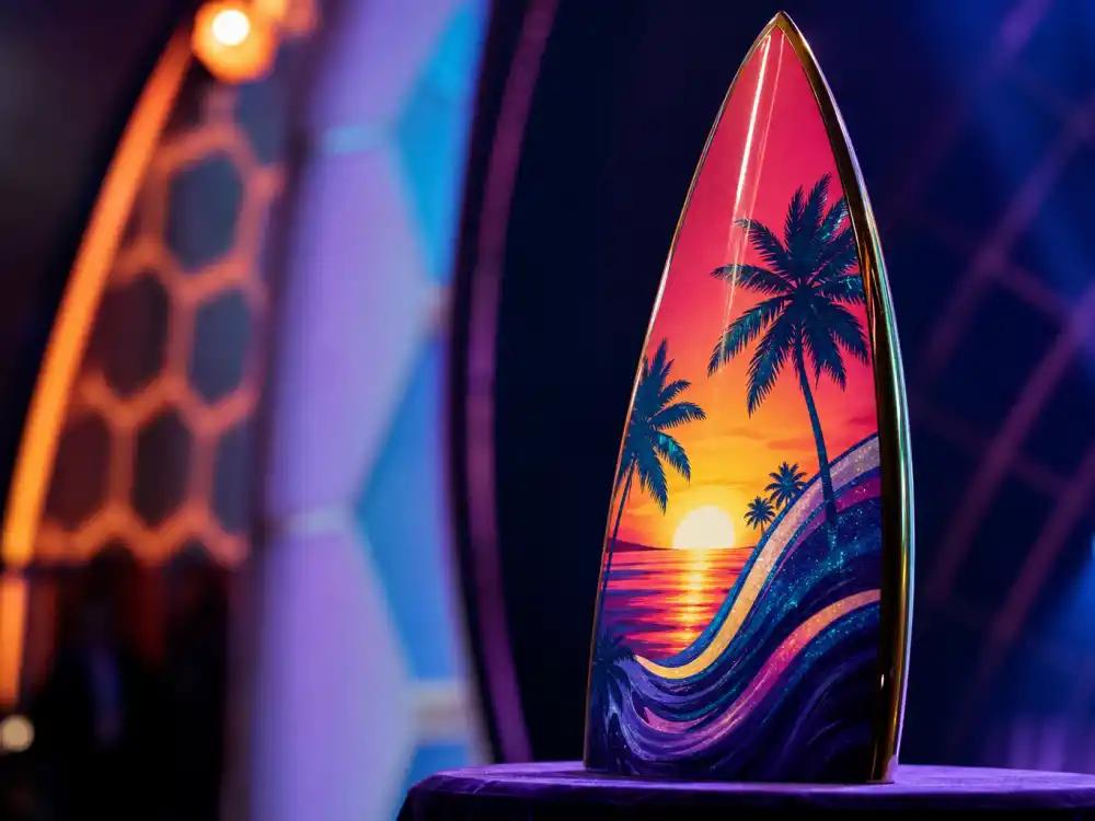 Close-up glossy surfboard awards trophy on velvet pedestal for Teen Choice Awards what happened to them iconic statuette history