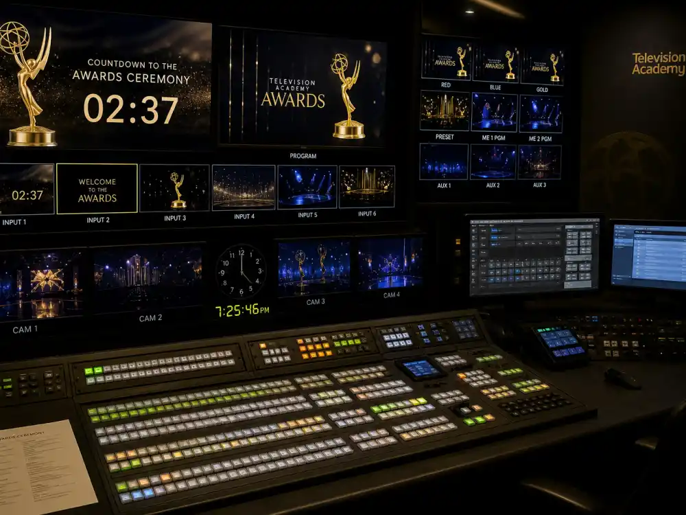 Broadcast control room monitors tracking Primetime Emmy acting win totals that decide the most Emmys won by an actor rankings