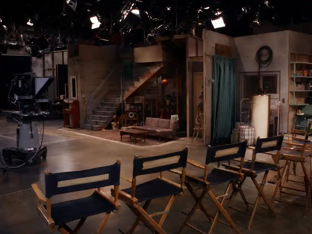 1990s Fox sitcom soundstage with director chairs for That 70s Show cast where are they now filming era