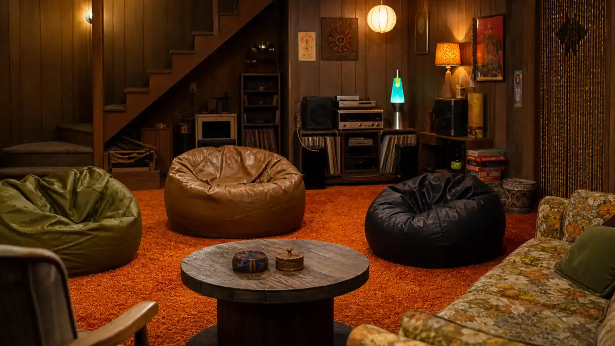 That 70s Show cast where are they now — iconic 1970s basement hangout with wood paneling and circle couch setup
