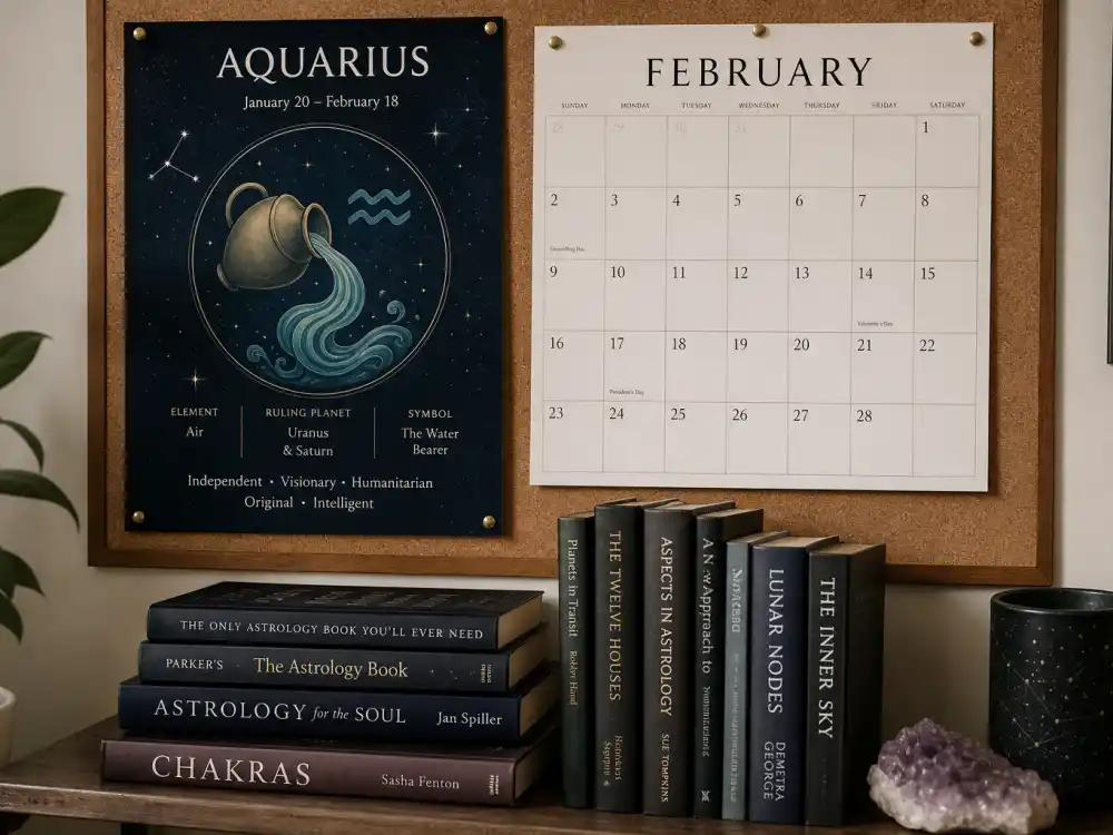 Aquarius zodiac chart beside February calendar for The Weeknd age and birthday 2026 — February 16 birth date places him under Aquarius in Western astrology