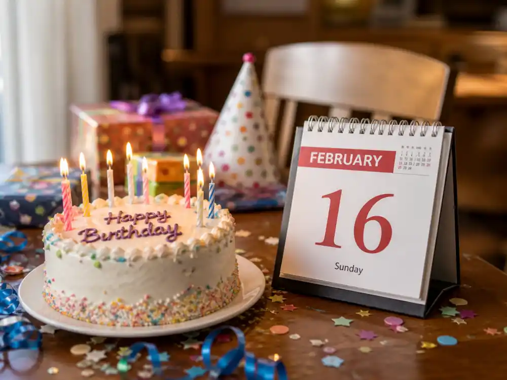 February 16 birthday cake and calendar marking The Weeknd age and birthday 2026 each year when fans celebrate his Aquarius birth date