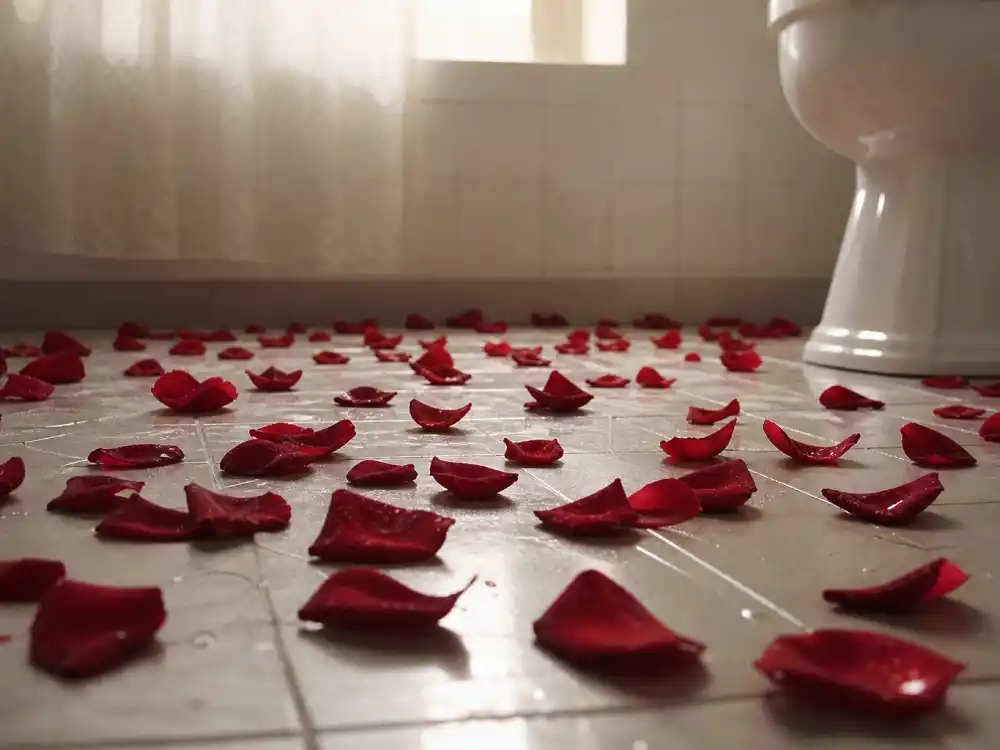 Red rose petals on a suburban bathroom floor evoking the Thora Birch American Beauty breakthrough era