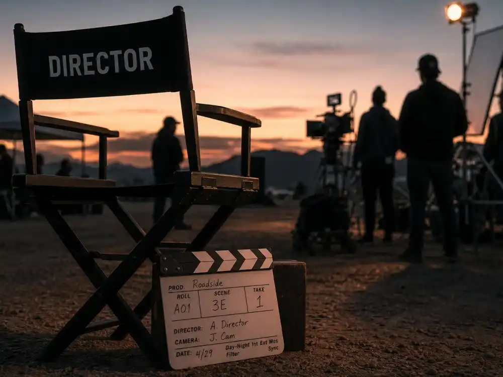 A director chair and clapperboard on an indie film set representing Thora Birch directing