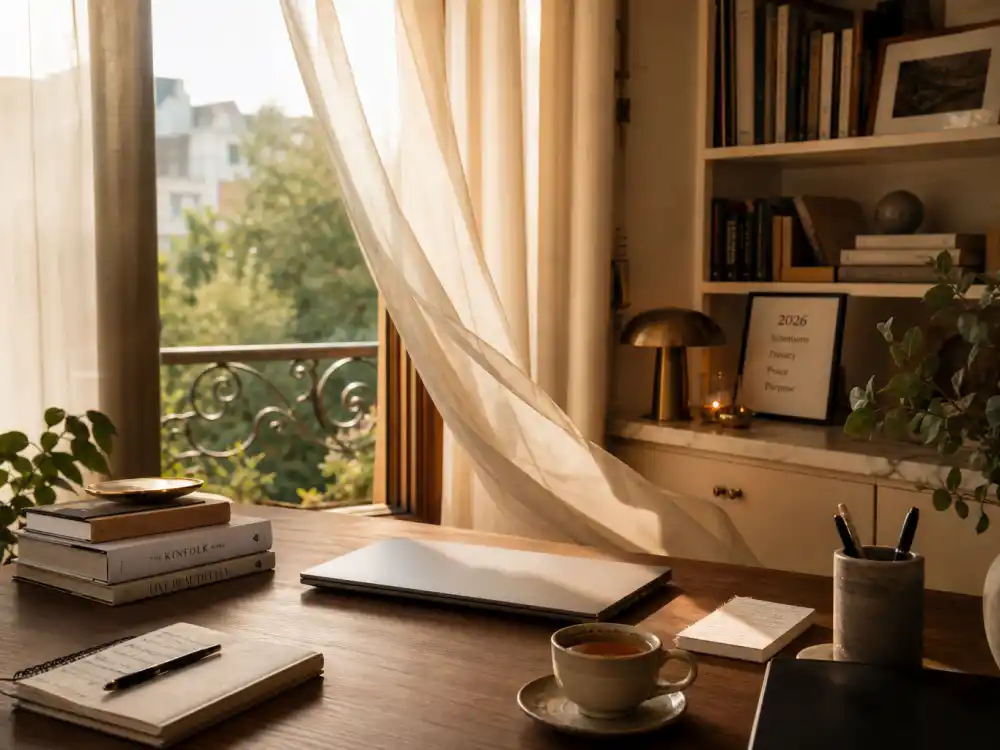 A quiet sunlit home study showing how Thora Birch lives a low-profile life now in 2026
