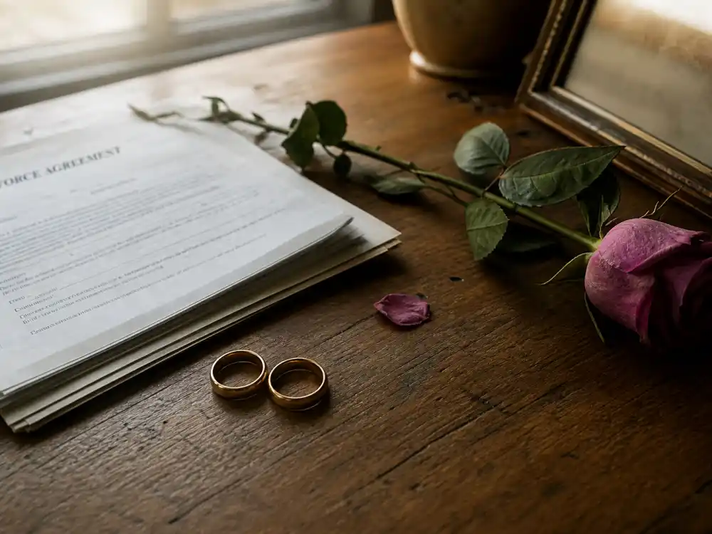 Wedding rings and papers symbolizing Tia Mowry divorce from Cory Hardrict after 14 years together