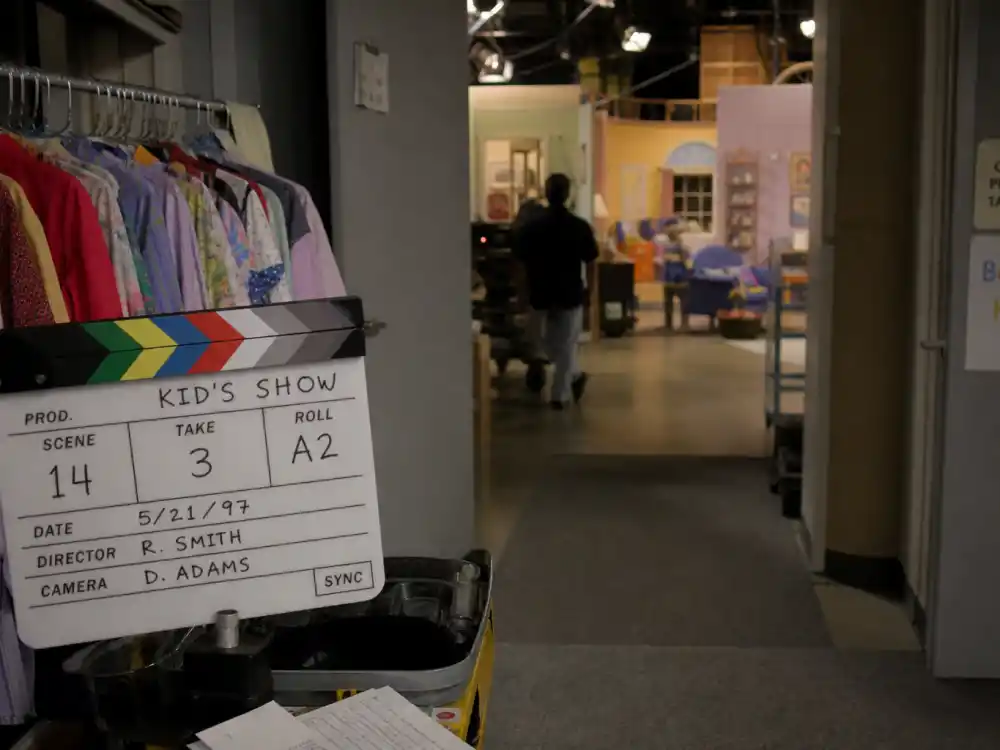 A 1990s TV studio hallway evoking Tia Mowry path from child performer to Sister Sister stardom