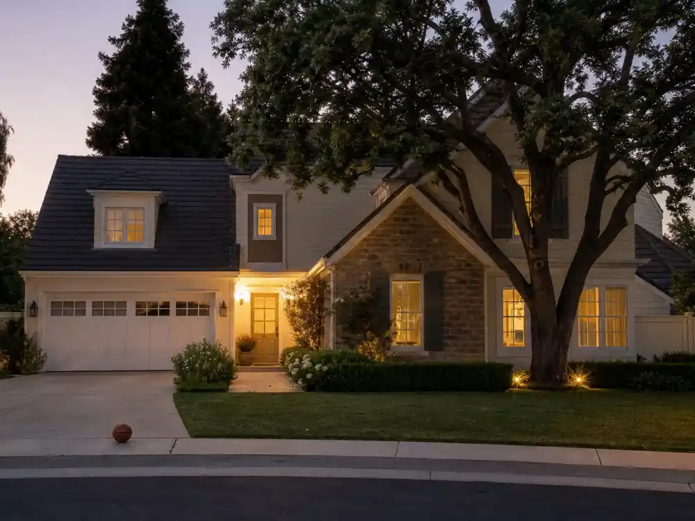California suburban home at dusk for Tiffani Thiessen family life with Brady Smith and children