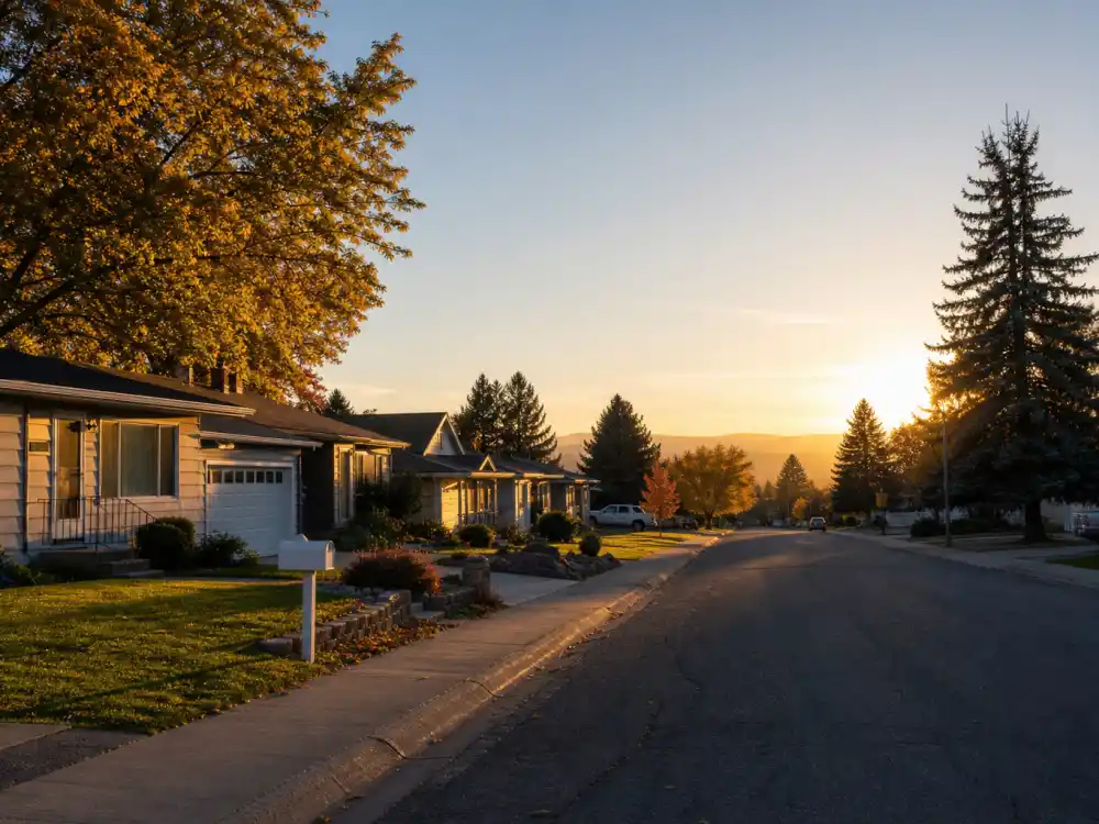 Quiet Idaho suburban street at golden hour for what happened to Tina Majorino acting hiatus 1999–2004