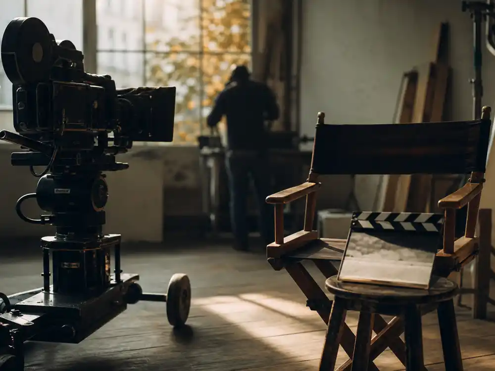 A vintage film camera and director's chair on an indie film set, evoking the early Tobey Maguire acting career in 1990s dramas