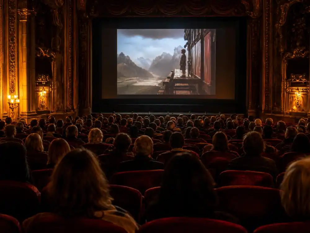A packed movie theater facing a glowing screen, evoking the Tobey Maguire No Way Home cameo that thrilled fans