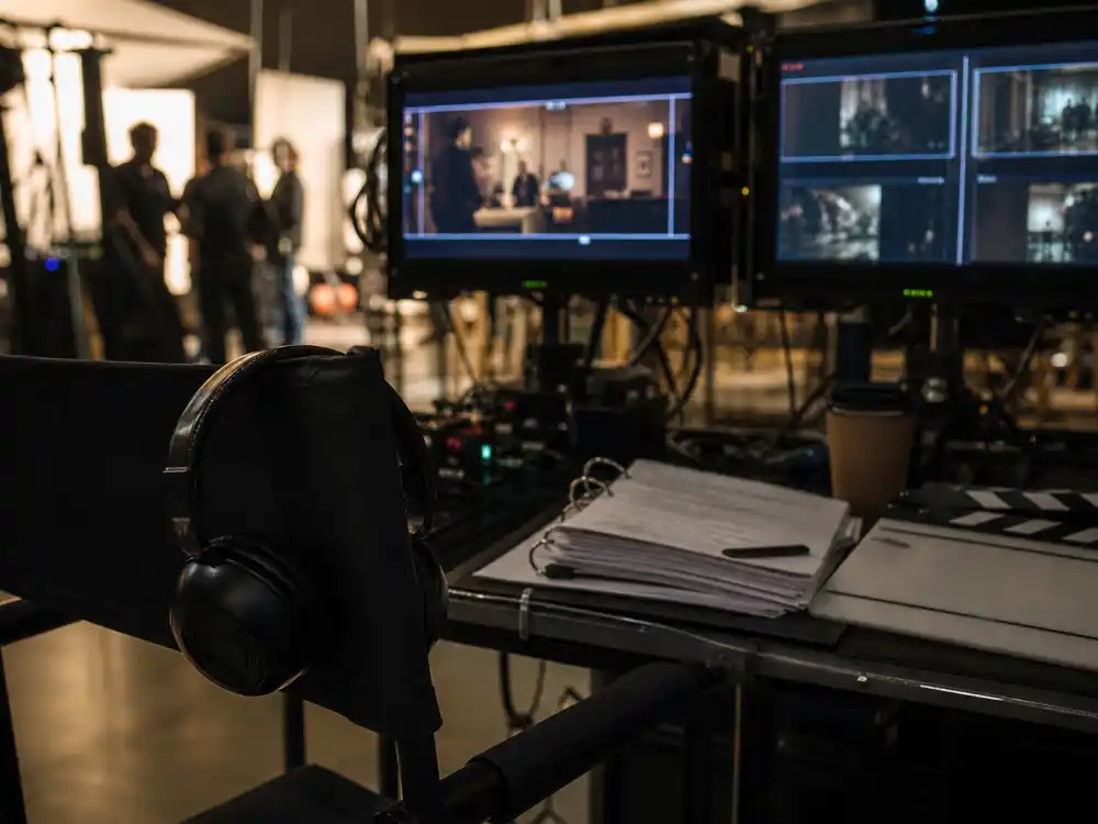 A film set monitor village with script pages and headphones representing Tobey Maguire producing movies behind the camera