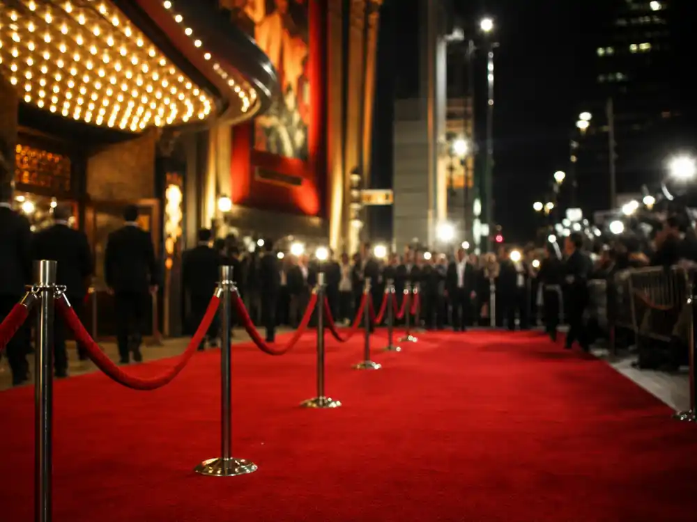 A glowing movie premiere red carpet representing the Spider-Man trilogy peak when Tobey Maguire became a global box-office star